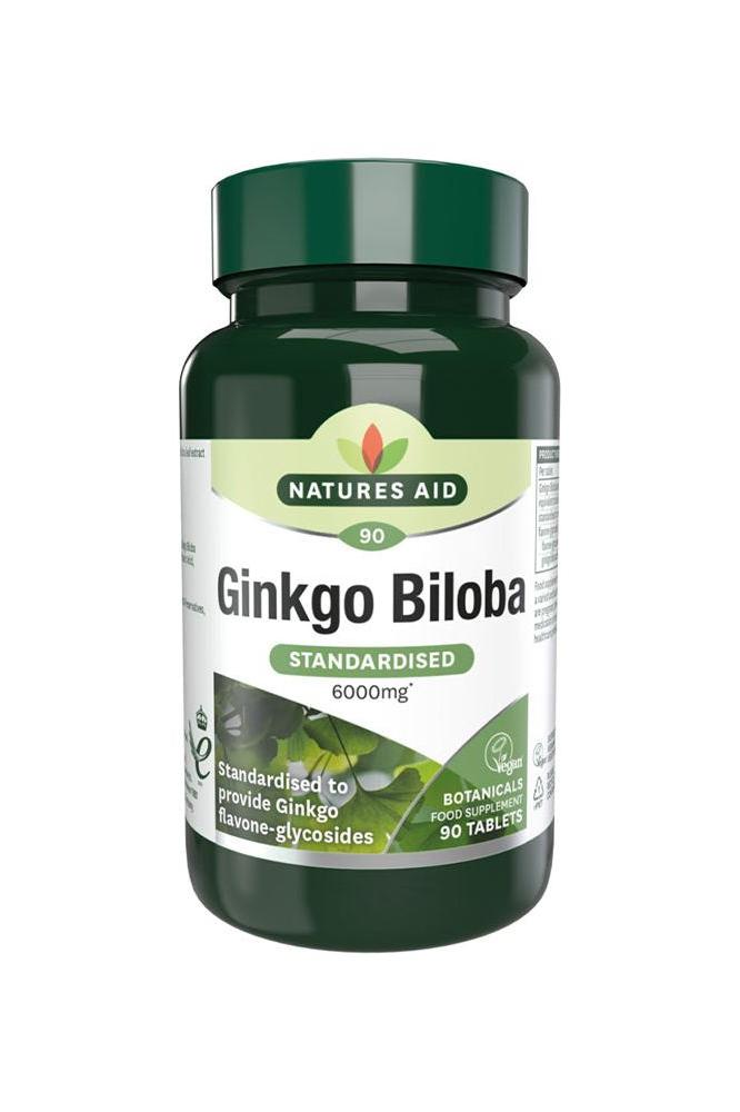 Natures Aid Ginkgo Biloba 120 mg supplement bottle with 90 tablets for cognitive support and improved circulation.