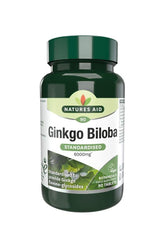Natures Aid Ginkgo Biloba 120 mg supplement bottle with 90 tablets for cognitive support and improved circulation.