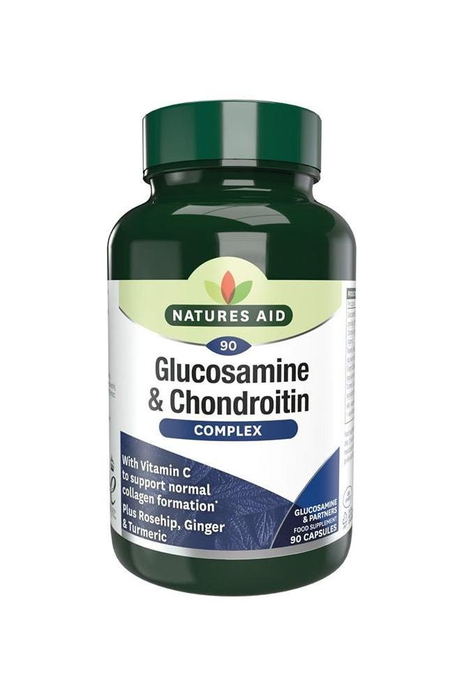Natures Aid Glucosamine & Chondroitin Complex capsules bottle with Vitamin C, botanicals, and 90 count.