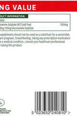 Nutrition label for Natures Aid Glucosamine Sulphate 1500mg tablets, highlighting ingredients and serving information.