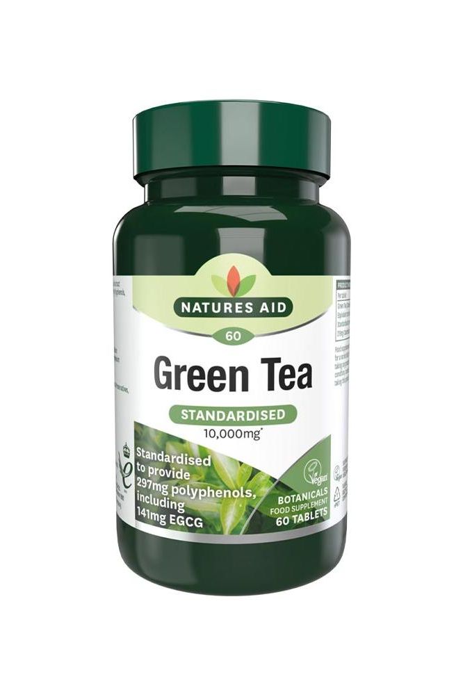 Natures Aid Green Tea 10,000mg supplement bottle with 60 tablets, rich in antioxidants for heart health and weight loss.