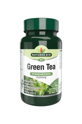 Natures Aid Green Tea 10,000mg supplement bottle with 60 tablets, rich in antioxidants for heart health and weight loss.