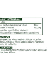 Product information for Natures Aid Green Tea 10,000mg tablets, including ingredients and health benefits.
