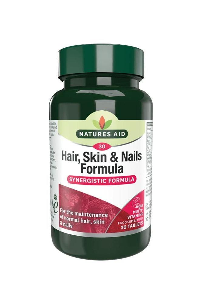 Natures Aid Hair, Skin & Nails Formula 30 Tablets for healthy hair, skin and nails, vegan and non-GMO dietary supplement.