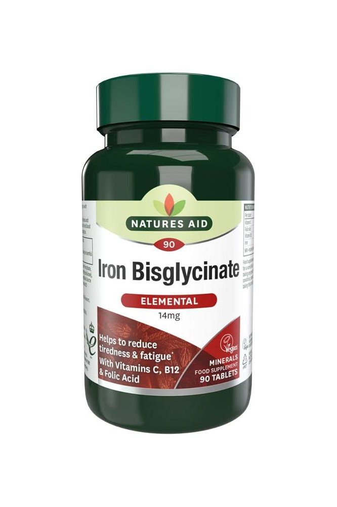 Natures Aid Iron Bisglycinate supplement bottle with 90 tablets, enriched with vitamins C, B12, and folic acid.