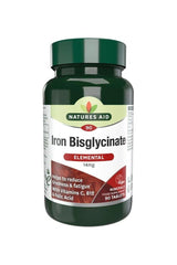 Natures Aid Iron Bisglycinate supplement bottle with 90 tablets, enriched with vitamins C, B12, and folic acid.