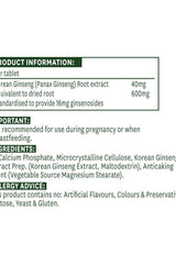 Product information label for Nature's Aid Korean Ginseng 90 tablets, detailing ingredients and usage recommendations.