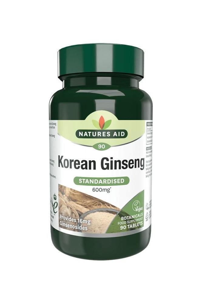 Natures Aid Korean Ginseng 90 Tablets bottle, 600mg, supports energy, cognitive function, and immune health.