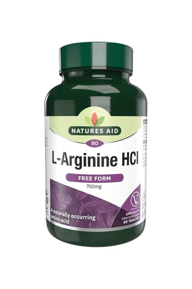 Natures Aid L-Arginine HCl 90 tablets, 750mg supplement for muscle support, lactose and gluten-free, vegetarian-friendly.