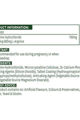 Product information label for Natures Aid L-Arginine HCl, detailing ingredients and usage advice.