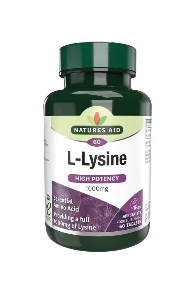 Natures Aid L-Lysine 1000mg, essential amino acid, 60 tablets for muscle maintenance and healthy bones.