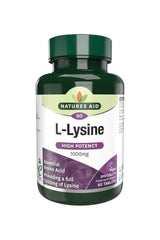 Natures Aid L-Lysine 1000mg, essential amino acid, 60 tablets for muscle maintenance and healthy bones.
