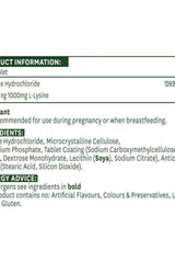Product information for Natures Aid L-Lysine 1000 mg tablets, including ingredients and usage advice.