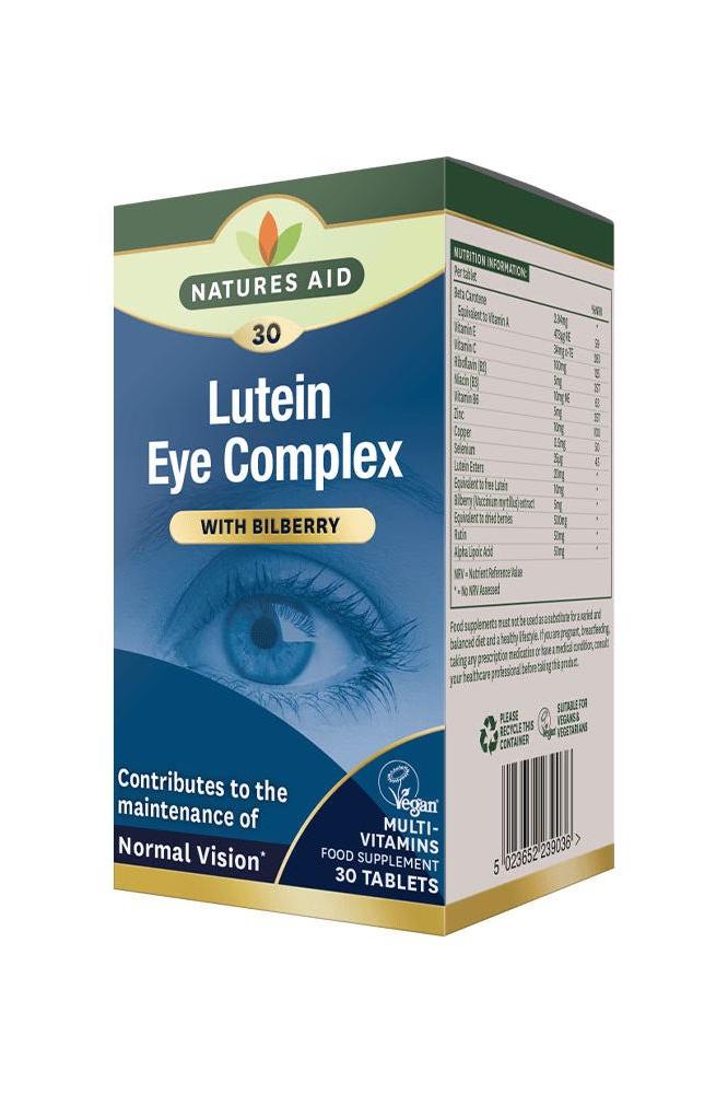 Natures Aid Lutein Eye Complex box with bilberry, supports normal vision, vegan and GMO-free, 30 tablets.