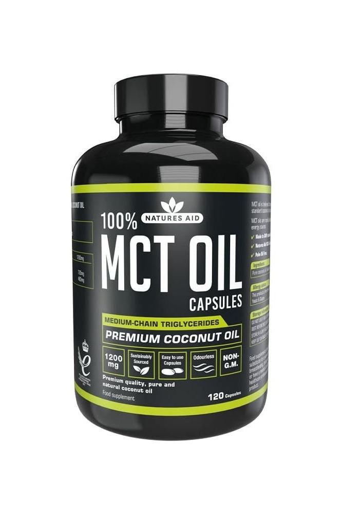 Natures Aid MCT Oil Capsules bottle, 120 capsules, premium coconut oil for energy and fat burning.
