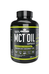 Natures Aid MCT Oil Capsules bottle, 120 capsules, premium coconut oil for energy and fat burning.