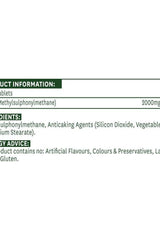 Product information for MSM tablets, showing ingredients and dietary advice, highlighting no artificial additives.