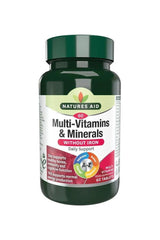 Natures Aid Multi-Vitamins & Minerals without Iron, 60 tablets for daily vitamin support, vegan-friendly supplement.