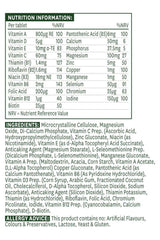 Nutrition facts for Natures Aid Multi-Vitamins & Minerals tablet, highlighting vitamins and minerals content.