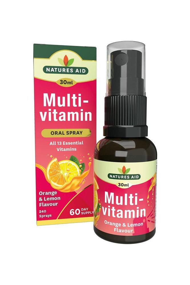 Natures Aid Multivitamin Daily Oral Spray in lemon and orange flavor, 30ml bottle with packaging for 60-day supply.