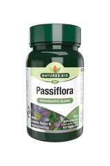 Natures Aid Passiflora Complex 60 tablets bottle with Lemon Balm and Avena Sativa, vegan-friendly herbal supplement.