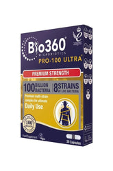 Bio360 Pro-100 ULTRA capsules packaging featuring 100 billion bacteria and 8 strains for gut health support.