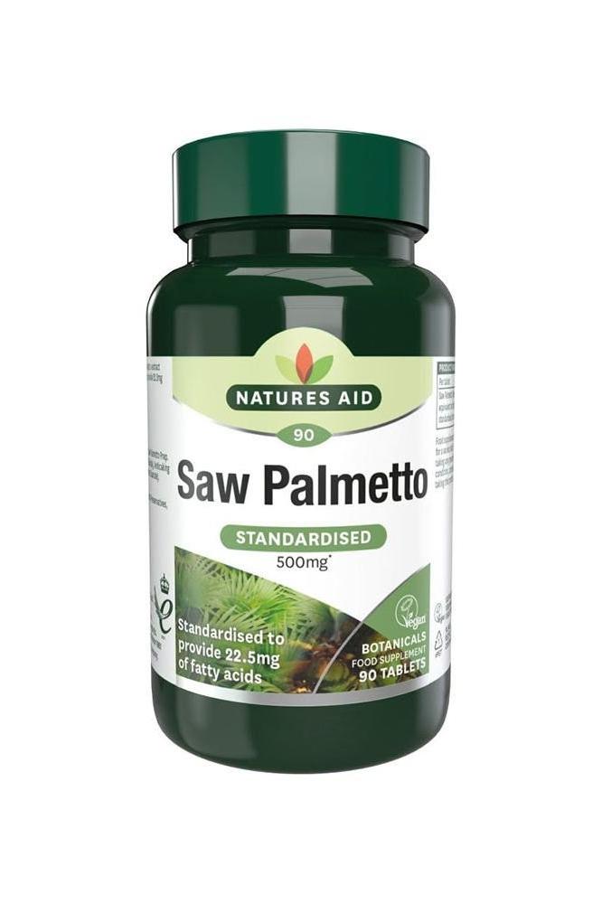 Natures Aid Saw Palmetto Standardised 500 mg supplement bottle, contains 90 vegan tablets for male health support.