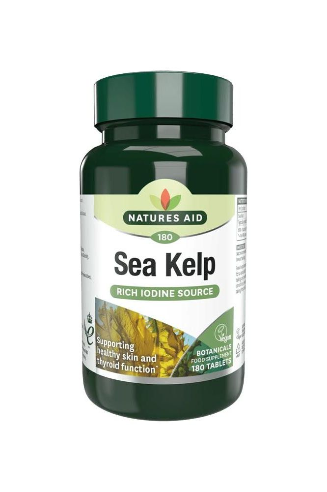 Natures Aid Sea Kelp tablets, 180 count, a natural source of iodine for healthy skin and thyroid function.