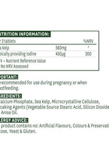 Nutritional information for Natures Aid Sea Kelp tablets, highlighting iodine content and ingredients.