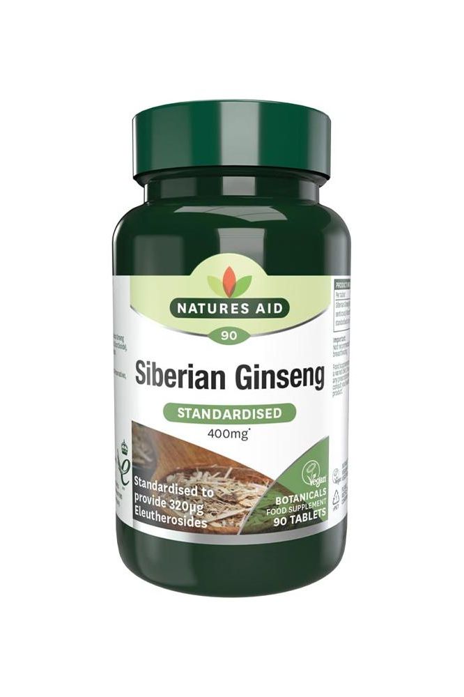 Natures Aid Siberian Ginseng 400mg supplement bottle with 90 tablets for energy and immune support.