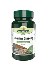Natures Aid Siberian Ginseng 400mg supplement bottle with 90 tablets for energy and immune support.