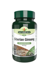 Natures Aid Siberian Ginseng 400mg supplement bottle with 90 tablets for energy and immune support.