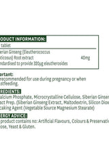 Product label for Natures Aid Siberian Ginseng Standardised Tablets, listing ingredients and usage information.