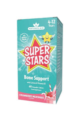 Natures Aid Super Stars Bone Support chewable tablets for kids, strawberry milkshake flavor, 60 tablets, supports healthy bones.