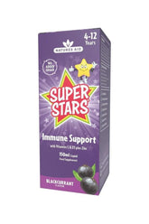 Natures Aid Super Stars Immune Support liquid blackcurrant flavor, 150ml, for kids 4-12, with vitamins C, D3, and zinc.