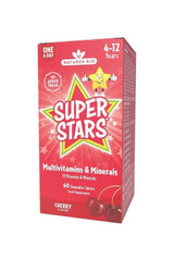 Natures Aid Super Stars Multivitamin Cherry 60 Chewable Tablets for kids 4-12 years, with no added sugar.