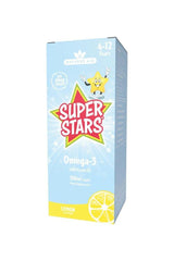 Natures Aid Super Stars Omega-3 liquid supplement for kids, lemon flavor, 150 ml packaging.