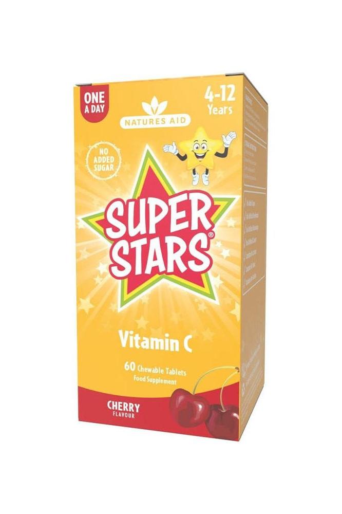 Natures Aid Super Stars Vitamin C Cherry Flavor chewable tablets for kids, 60 count, no added sugar.