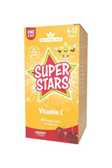 Natures Aid Super Stars Vitamin C Cherry Flavor chewable tablets for kids, 60 count, no added sugar.