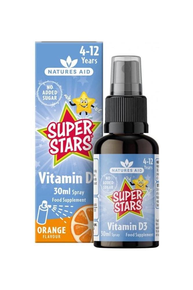 Natures Aid Super Stars Vitamin D3 Spray in orange flavor, 30ml, for children aged 4-12, no added sugar.