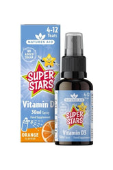 Natures Aid Super Stars Vitamin D3 Spray in orange flavor, 30ml, for children aged 4-12, no added sugar.