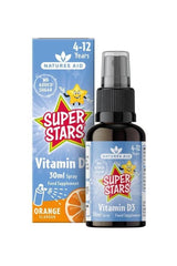 Natures Aid Super Stars Vitamin D3 Spray in orange flavor, 30ml, for children aged 4-12, no added sugar.