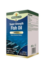 Natures Aid Super Strength Fish Oil packaging, 60 softgels, promotes heart, brain, and vision health, high in EPA and DHA.