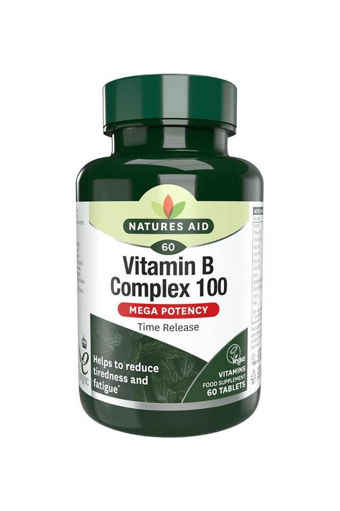 Natures Aid Vitamin B Complex 100 - 60 Tablets, supports energy, reduces fatigue, time release formula.