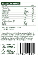 Nutritional information for Natures Aid Vitamin B Complex tablets, showcasing B vitamin content and dietary advice.