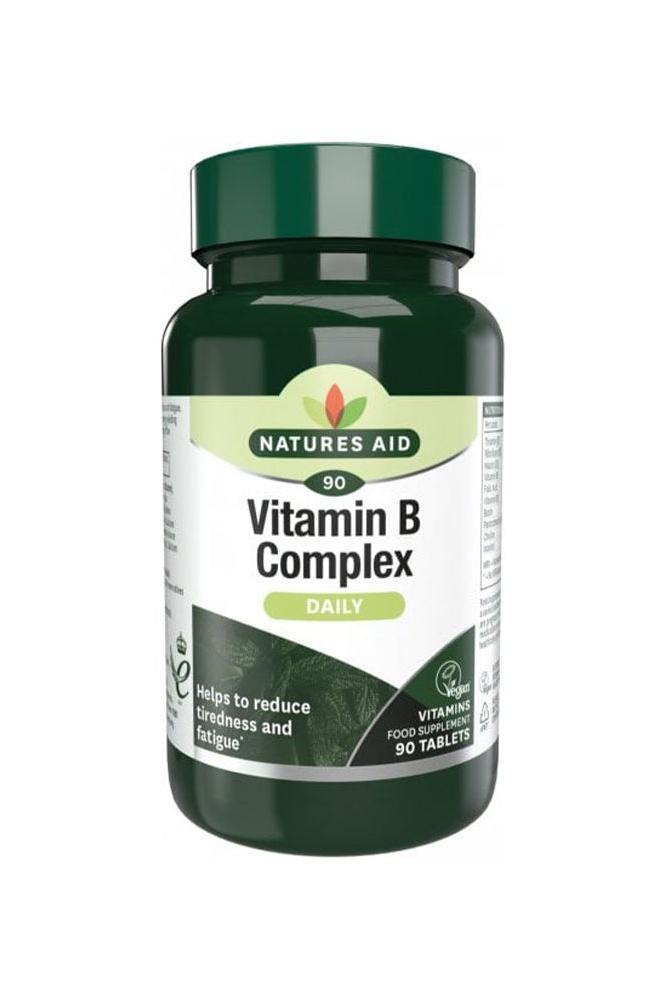 Natures Aid Vitamin B Complex 90 tablets bottle, daily supplement to reduce tiredness and fatigue.