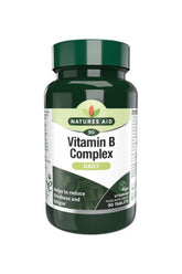 Natures Aid Vitamin B Complex 90 tablets bottle, daily supplement to reduce tiredness and fatigue.