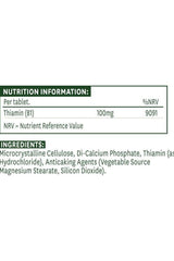 Nutrition information for Natures Aid Vitamin B1 100 mg tablets, detailing ingredients and nutrient values.