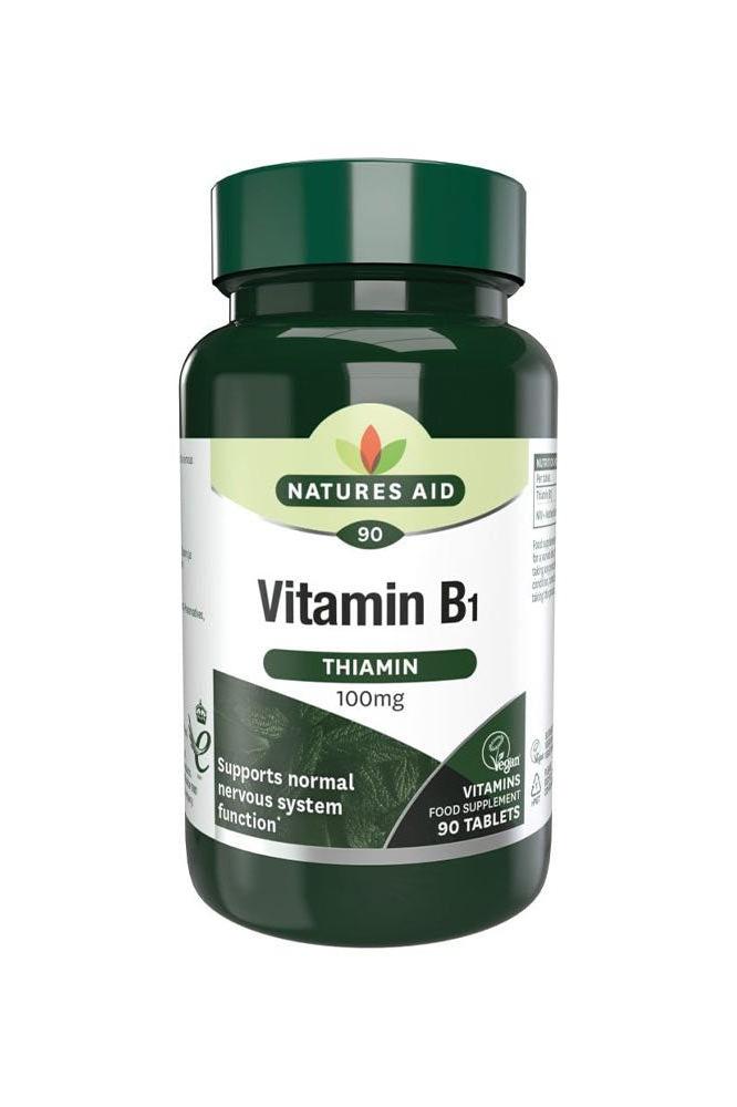 Natures Aid Vitamin B1 100 mg - 90 tablets, supports nervous system and energy metabolism.