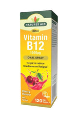 Natures Aid Vitamin B12 Daily Oral Spray in Cherry flavor, 30ml, helps reduce tiredness and fatigue.